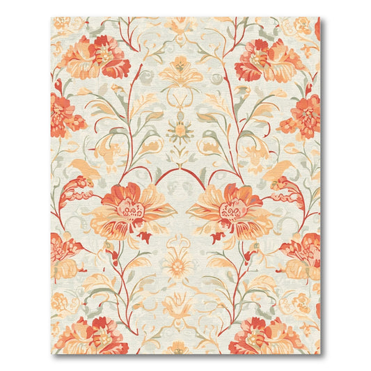 Coral Red Floral Garden Scroll Rug