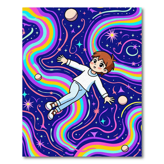 Cosmic Rainbow Waves Floating Boy Stars Rug
