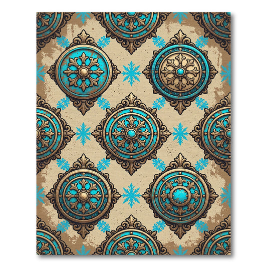 Turquoise Gold Ornate Medallion Rug