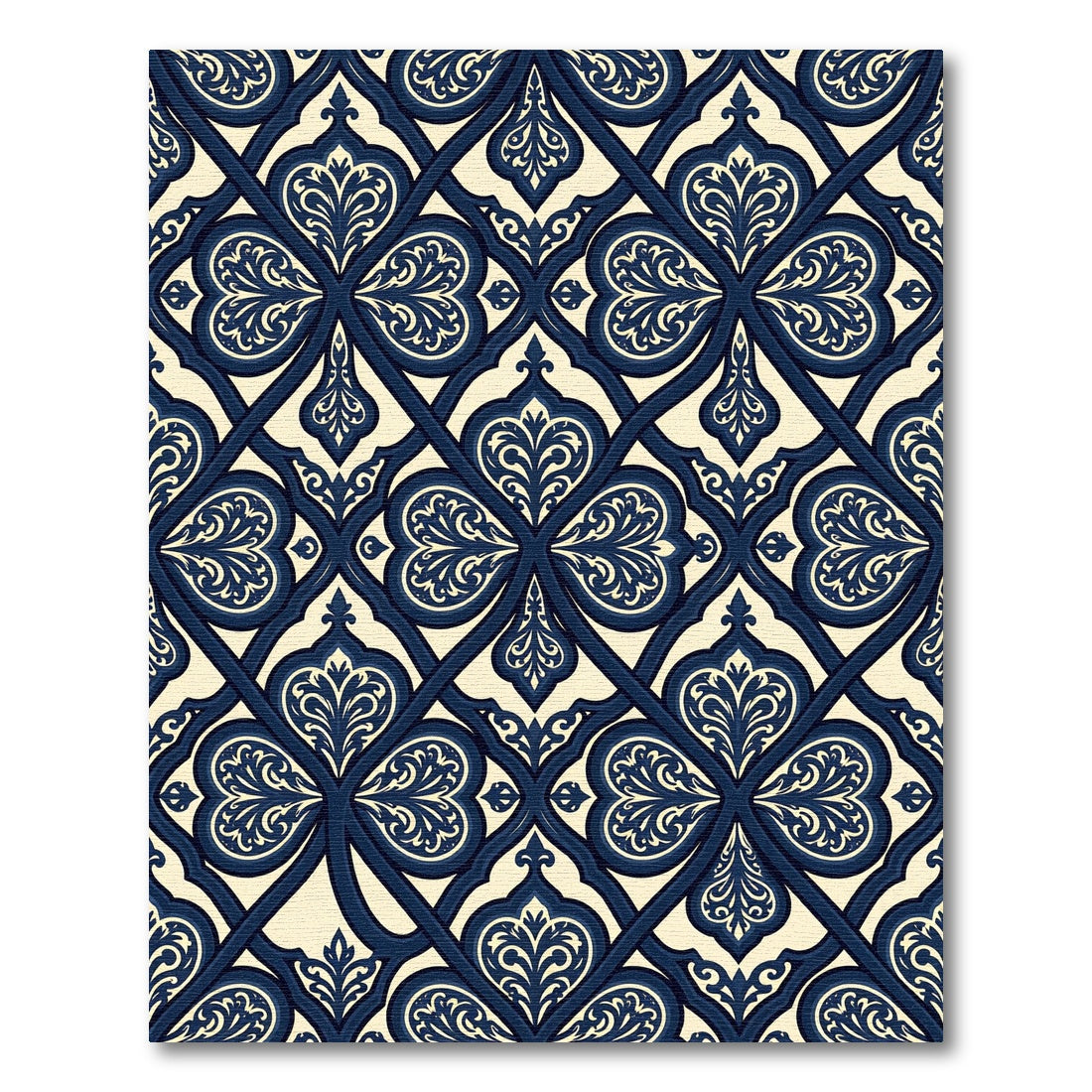 Elegant Navy Cream Damask Lattice Rug