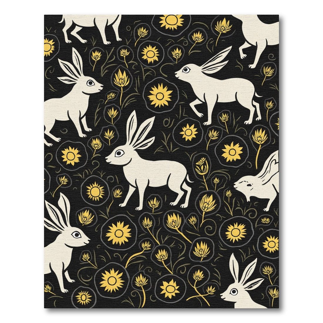 Cream Rabbits Yellow Floral Dark Rug