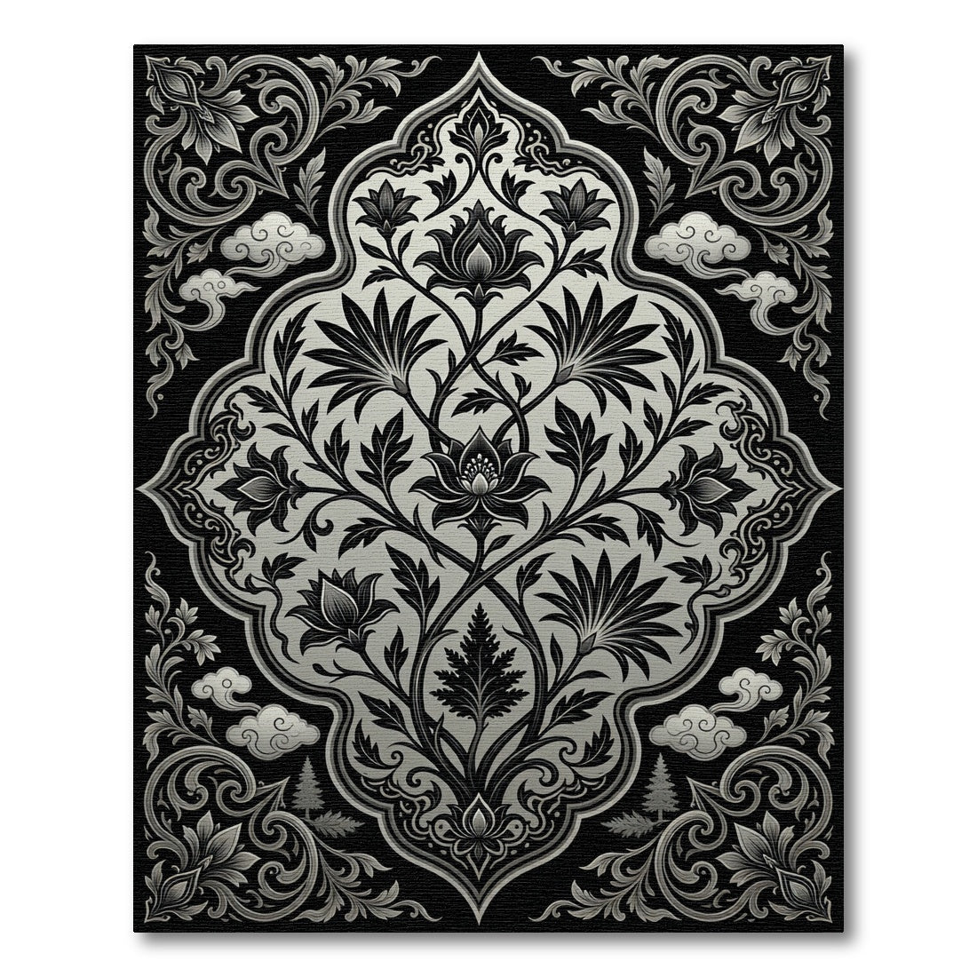 Monochrome Botanical Black Silver Meditation Rug