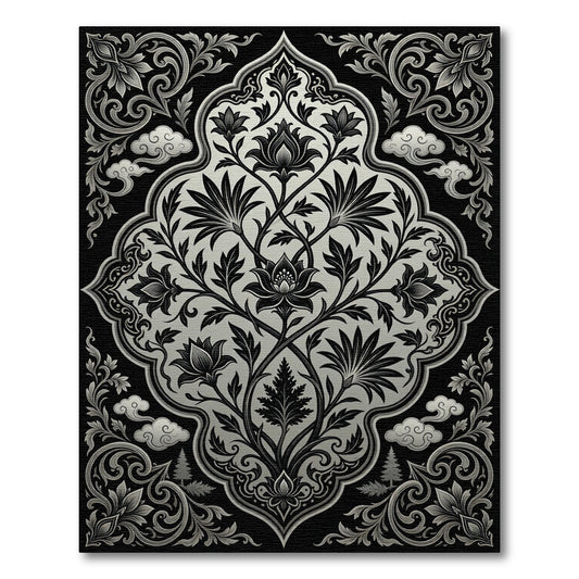 Monochrome Botanical Black Silver Meditation Rug