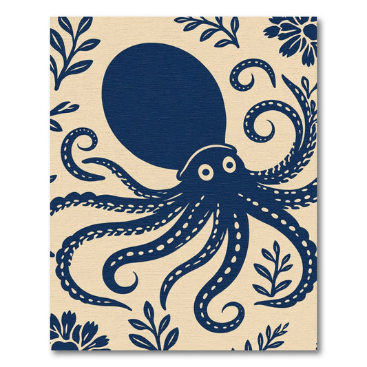 Navy Blue Octopus Floral Border Rug