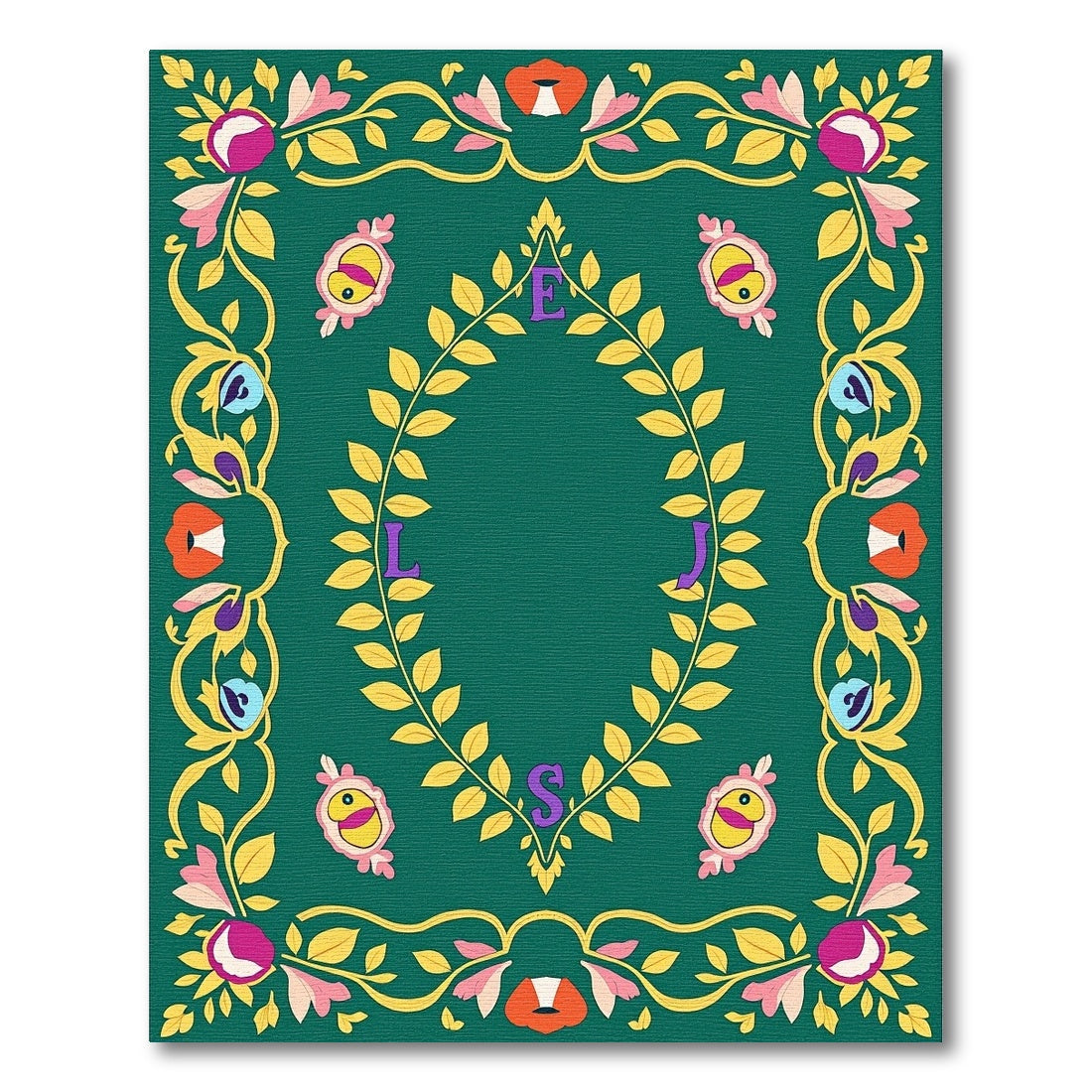 Whimsical Floral Laurel With Letters Rug