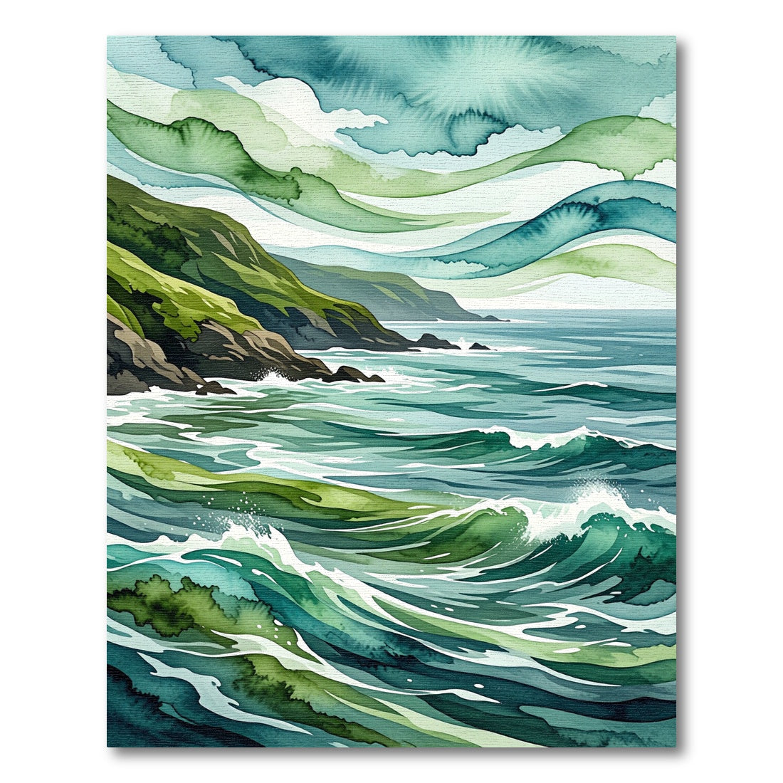 Coastal Teal Green Watercolor Wave Art Rug