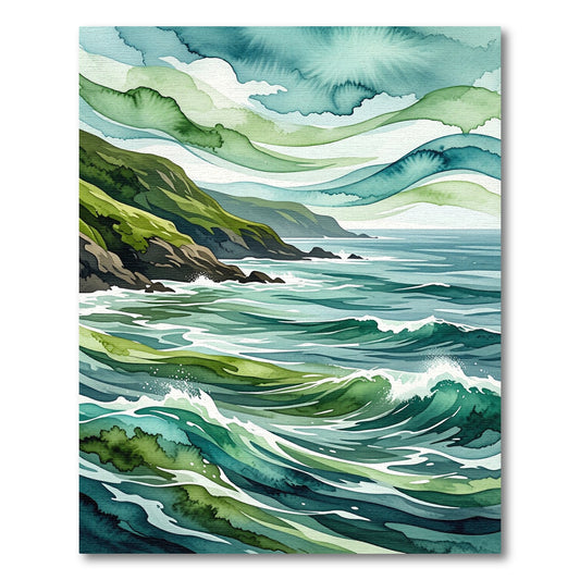 Coastal Teal Green Watercolor Wave Art Rug
