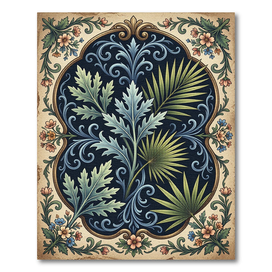 Vintage Botanical Scroll Navy Fern Rug