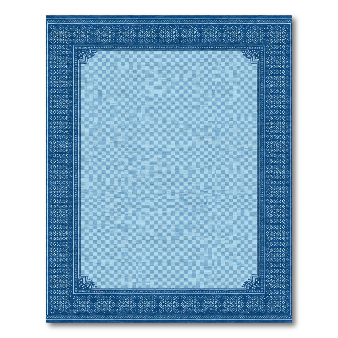 Deep Blue Geometric Checkerboard Border Rug
