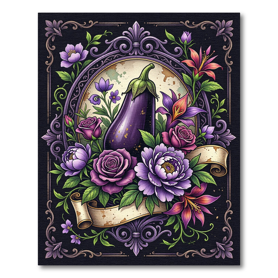 Elegant Eggplant Garden Botanical Frame Rug