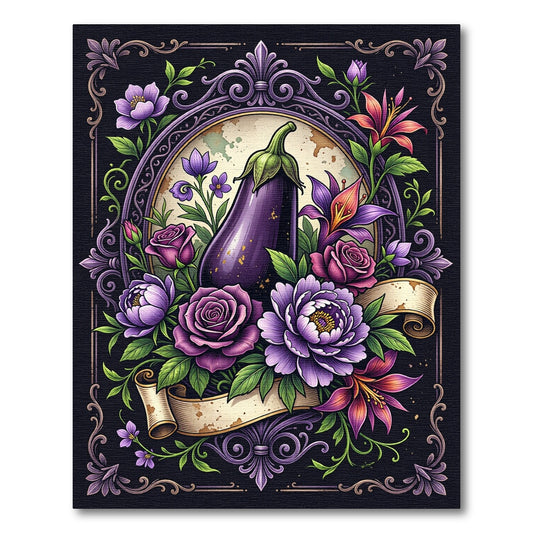 Elegant Eggplant Garden Botanical Frame Rug