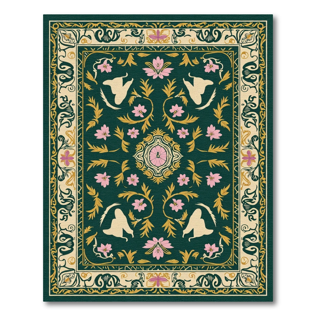 Emerald Green Floral Swan Medallion Rug
