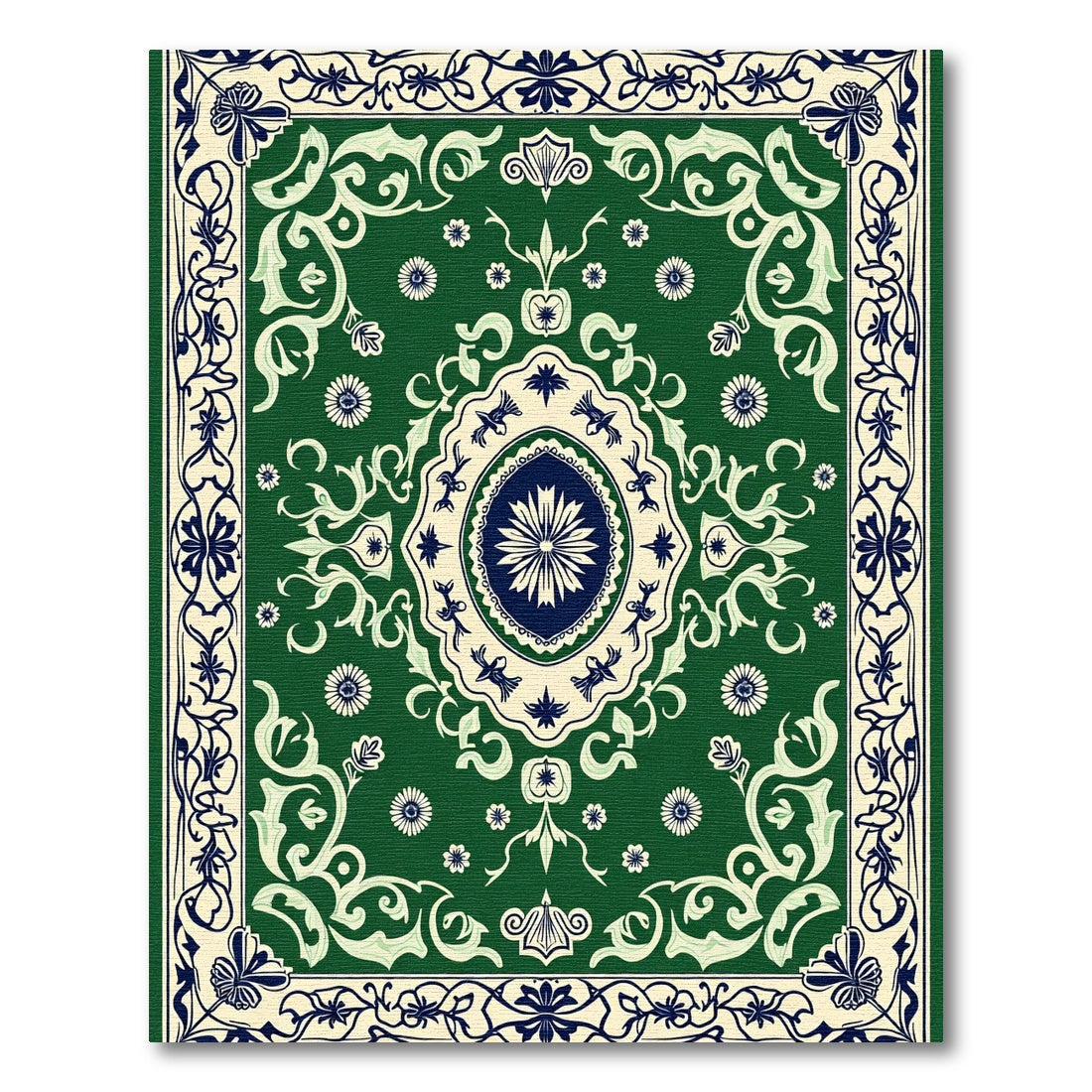 Deep Emerald Floral Medallion Border Rug