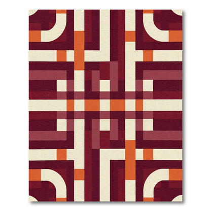 Deep Red Cream Abstract Line Art Rug