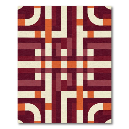 Deep Red Cream Abstract Line Art Rug