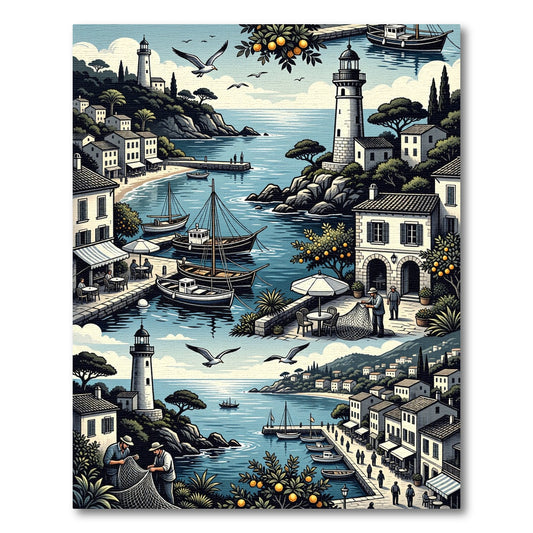 Coastal Village European Mediterranean Scene Rug