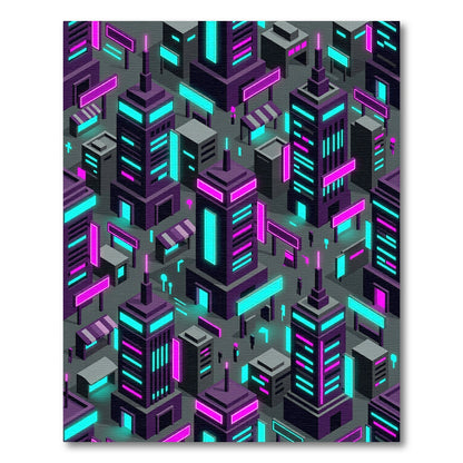Cyberpunk Neon Isometric Skyscraper Cityscape Rug