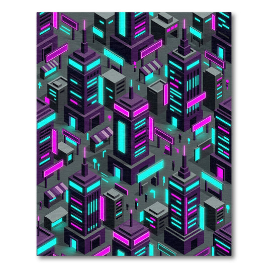 Cyberpunk Neon Isometric Skyscraper Cityscape Rug
