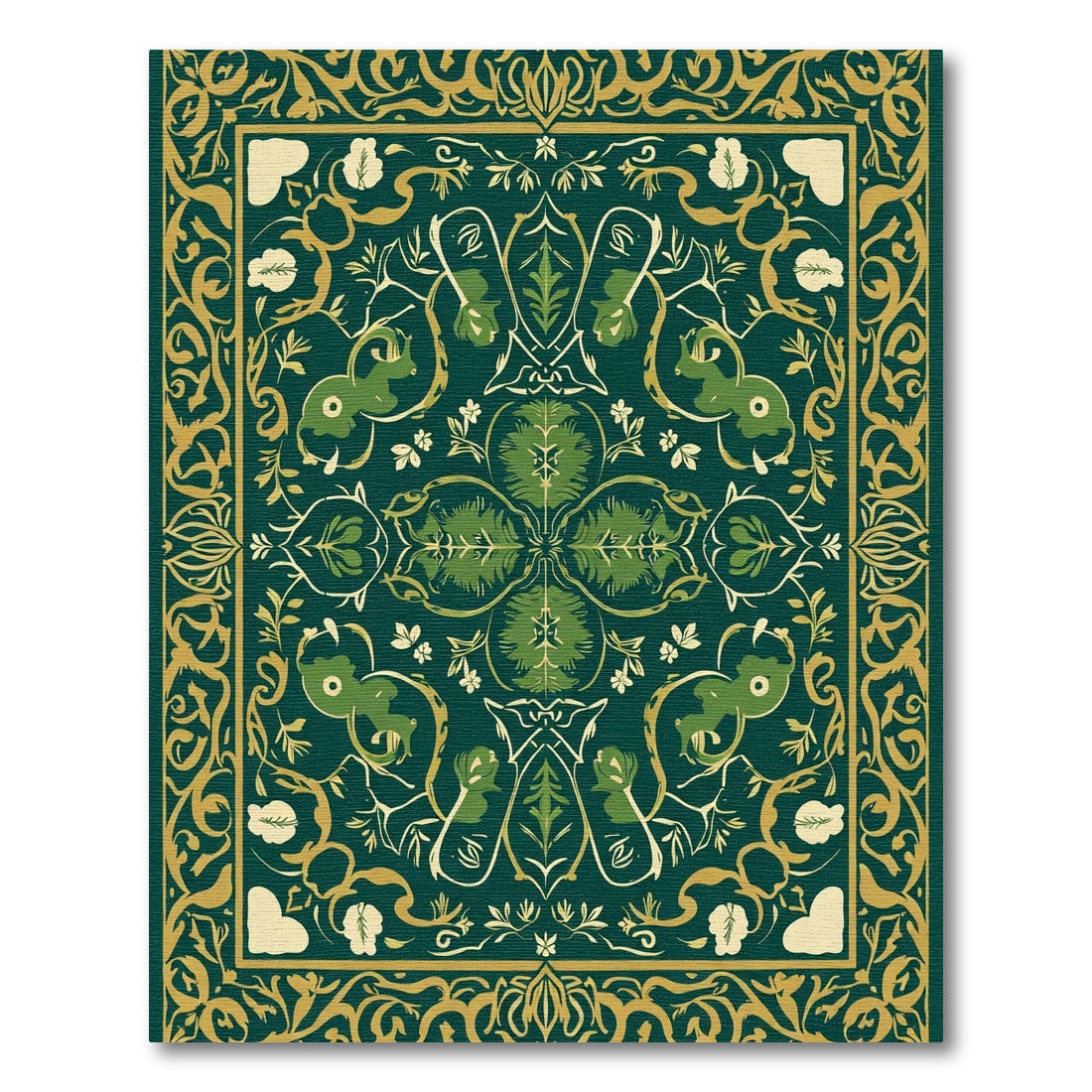 Emerald Green Golden Animal Foliate Rug