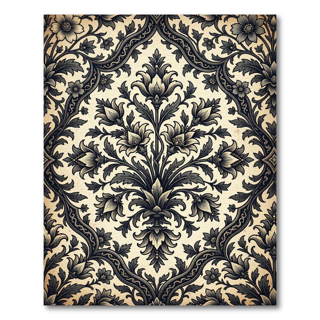 Ornate Black Floral Damask Ivory Rug