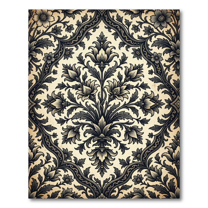 Ornate Black Floral Damask Ivory Rug