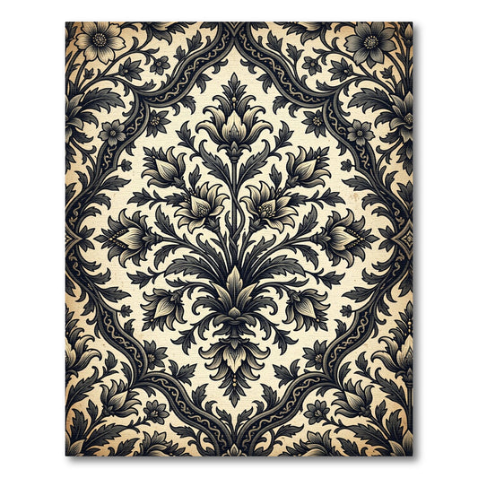 Ornate Black Floral Damask Ivory Rug