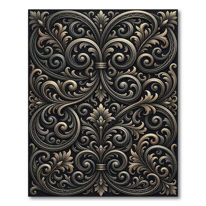 Ornate Scrollwork Black and Gold Rug
