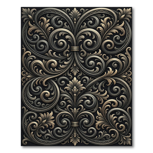 Ornate Scrollwork Black and Gold Rug