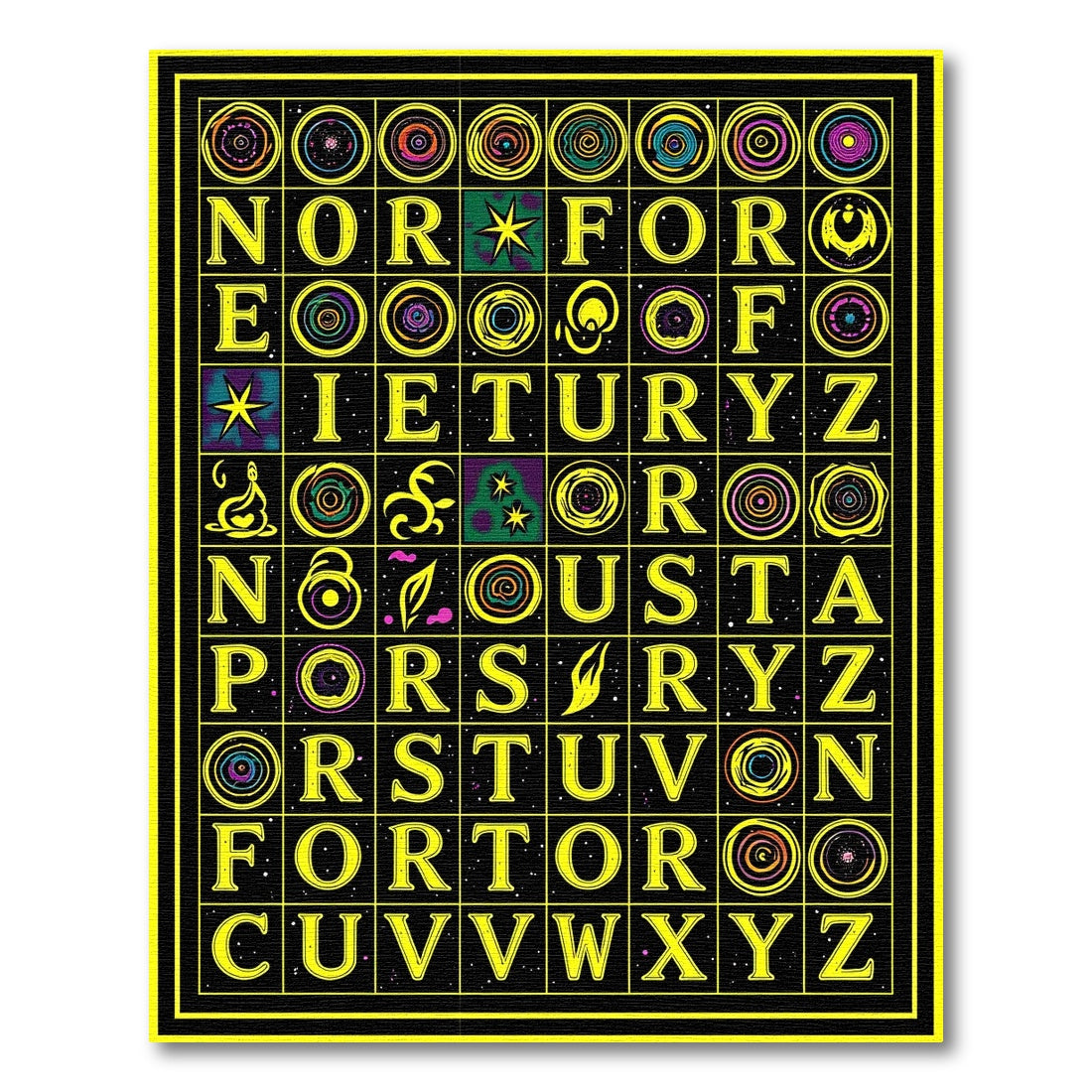Yellow Alphabet Swirl Medallion Grid Rug