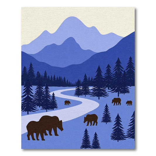 Deep Blue Mountain Bear Forest Scene Rug