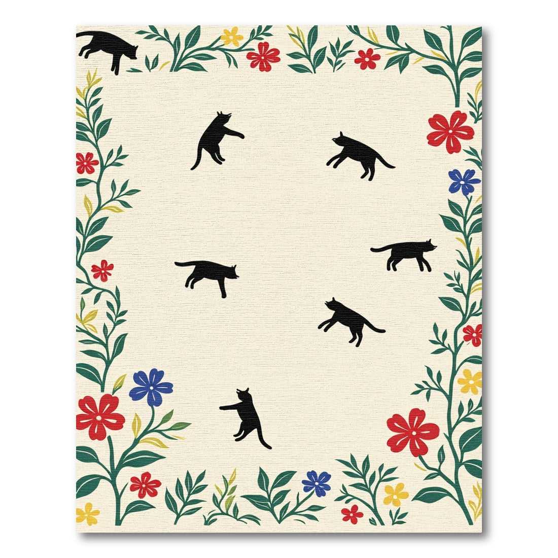 Playful Black Cats Floral Border Rug