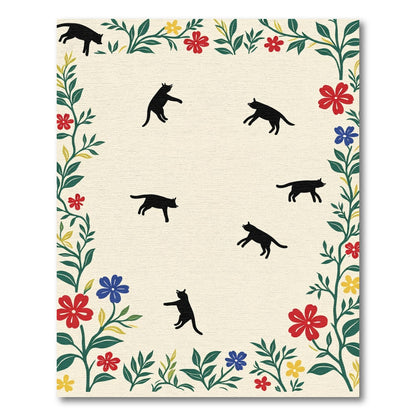 Playful Black Cats Floral Border Rug