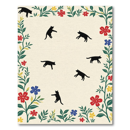 Playful Black Cats Floral Border Rug