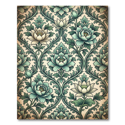 Elegant Sage Green Botanical Lotus Damask Rug