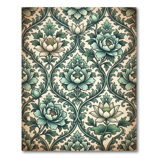 Elegant Sage Green Botanical Lotus Damask Rug