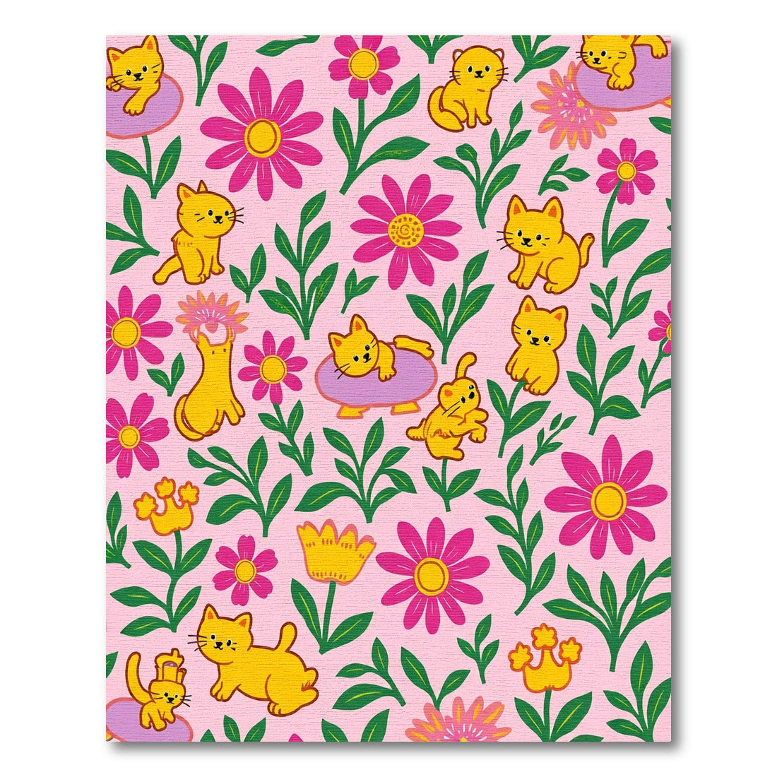 Whimsical Yellow Cats Pink Floral Arrangement Rug
