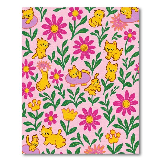 Whimsical Yellow Cats Pink Floral Arrangement Rug