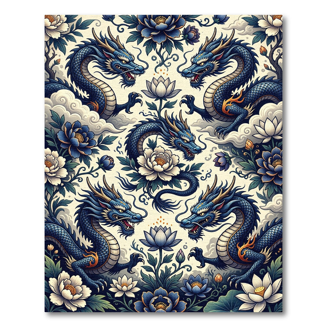 Blue Dragon and Lotus Floral Composition Rug