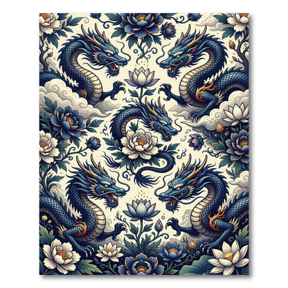 Blue Dragon and Lotus Floral Composition Rug