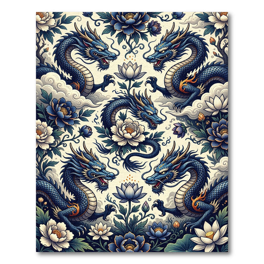 Blue Dragon and Lotus Floral Composition Rug