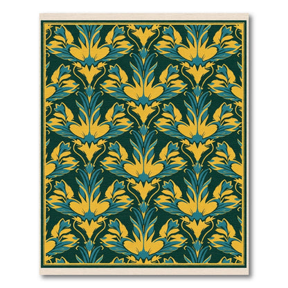 Emerald Teal Yellow Leaf Scroll Rug