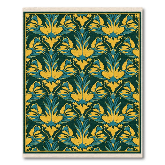 Emerald Teal Yellow Leaf Scroll Rug