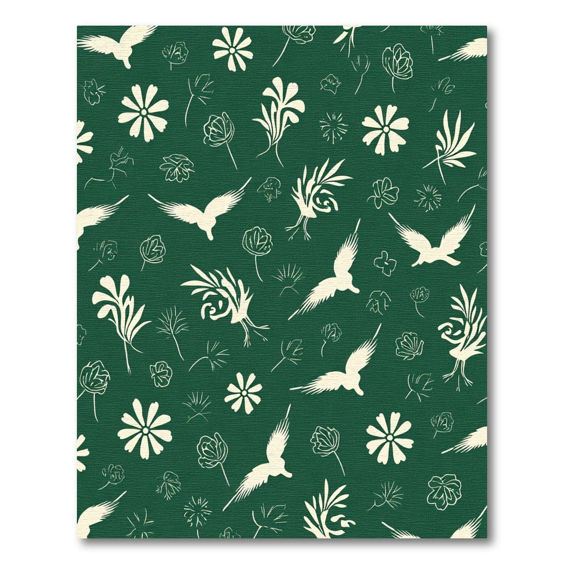 Cream Birds and Floral Sprigs on Emerald Rug