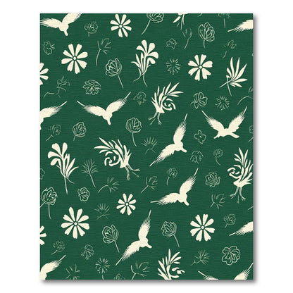 Cream Birds and Floral Sprigs on Emerald Rug