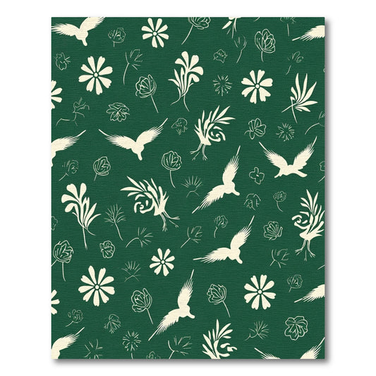 Cream Birds and Floral Sprigs on Emerald Rug