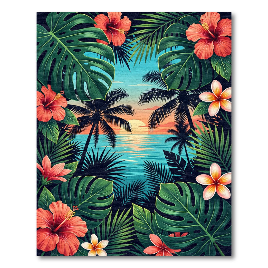 Tropical Sunset Hibiscus and Palm Foliage Rug