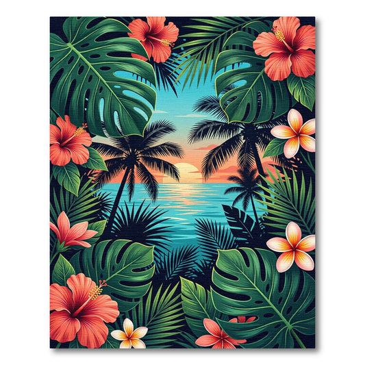 Tropical Sunset Hibiscus and Palm Foliage Rug