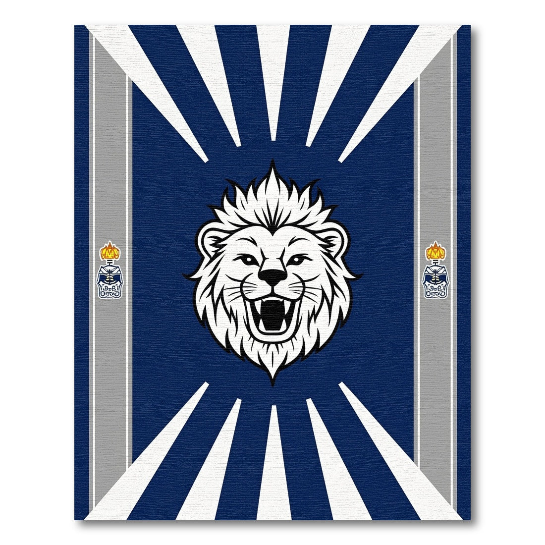 Bold Blue Lion Crest Radiating Rays Rug