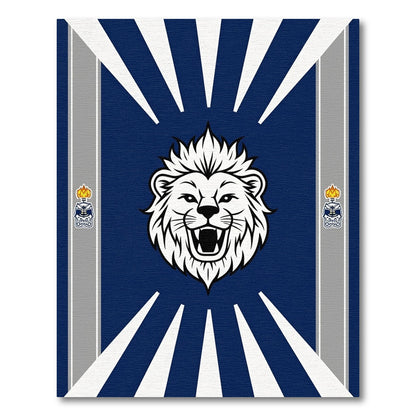 Bold Blue Lion Crest Radiating Rays Rug