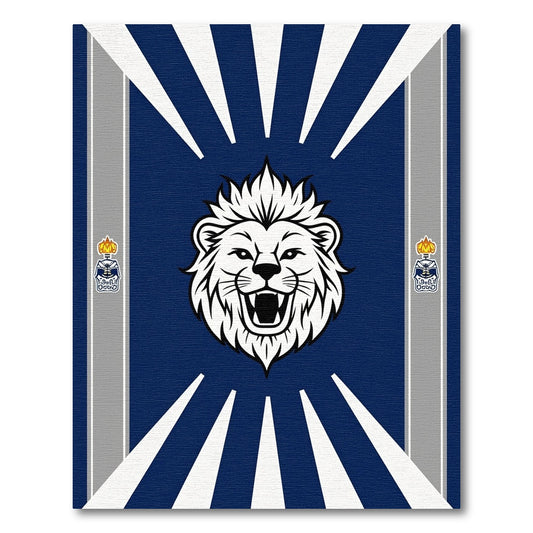 Bold Blue Lion Crest Radiating Rays Rug